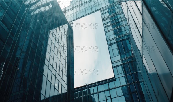 Blank screen banner mockup displayed on the modern building facade. Close Up view AI generated