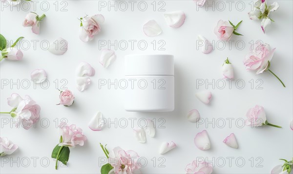 Creme jar blank mockup surrounded by delicate flower petals AI generated