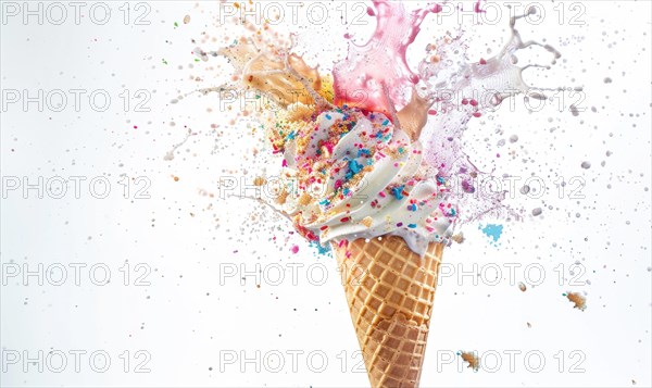 Ice cream cone explosion on white background AI generated