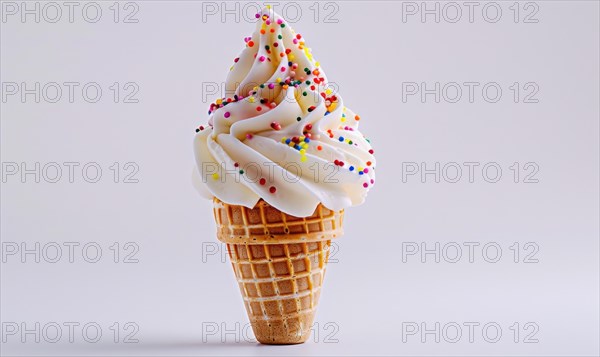 Ice cream cone with sprinkles on white background AI generated