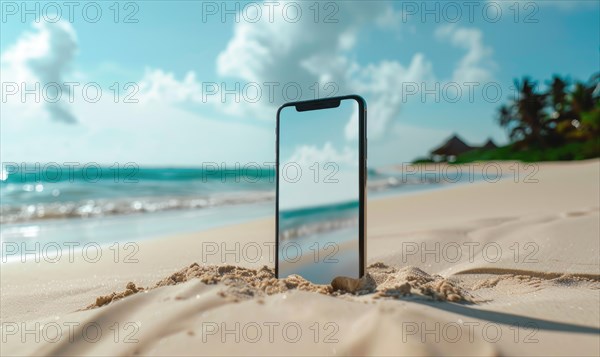 Smartphone mockup with a blank screen on a tranquil beach background, travel and tourism AI generated