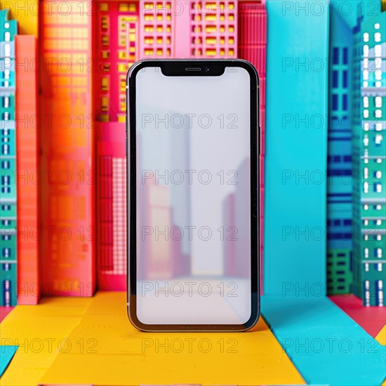 Smartphone mockup with a blank screen on a vibrant cityscape background AI generated