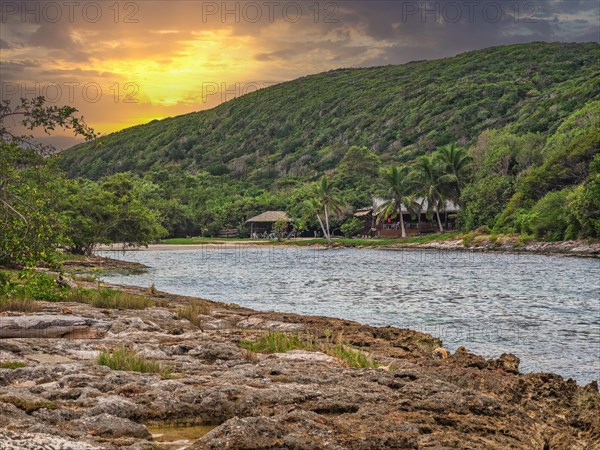 Rocky coast, long bay by the sea at sunset. Dangerous view of the Caribbean Sea. Tropical climate at sunset in La Porte d'Enfer, Grande Terre, Guadeloupe, French Antilles, North America