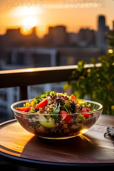 Vibrant quinoa salad brimming with diverse hues placed in a transparent glass bowl on a rustic table, AI generated