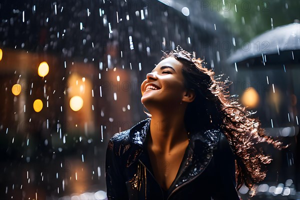 Spontaneous dance in the rain capturing freedom and joy of a person fully immersed in the moment, AI generated