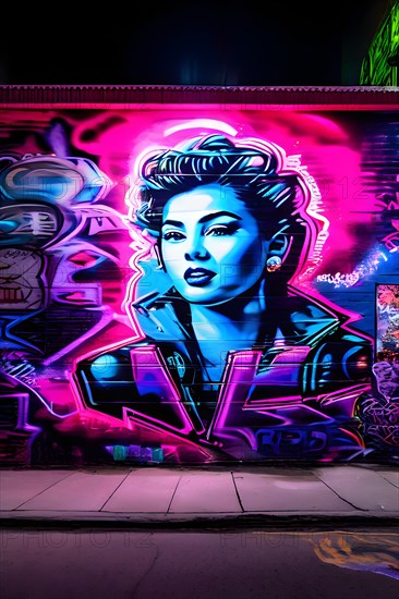 Vibrant graffiti wall with neon 90s pop culture, AI generated