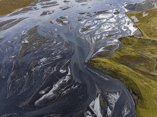Overgrown river landscape, Eldhraun, near Kirkjubaejarklaustur, drone image, Sudurland, Iceland, Europe