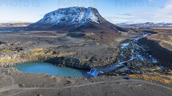 Pjofafoss waterfall, Burfell mountain in the background, drone shot, Sudurland, Iceland, Europe