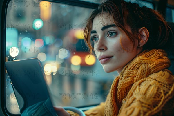 Woman in yellow scarf looking out of a window with city lights reflecting on glass, AI generated