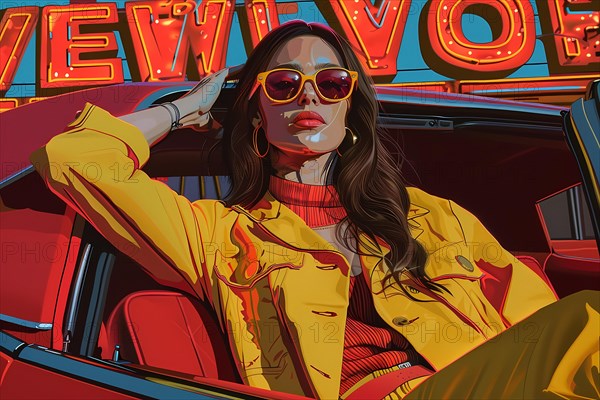 A woman in a yellow outfit posing in a retro convertible with neon city signs, illustration, AI generated