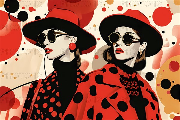 Illustration of two stylish ladies in red with polka dots, hats, and sunglasses, illustration, AI generated