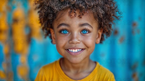 A young child with curly hair and blue eyes smiles radiantly against a patterned backdrop, AI generated