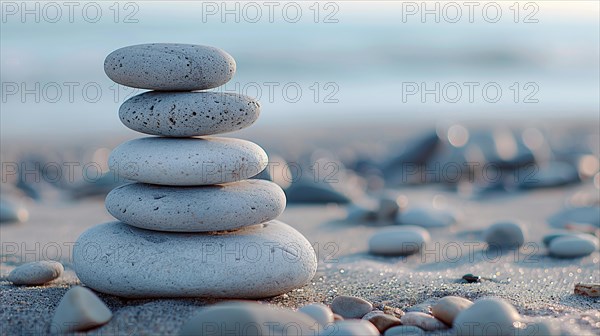 A serene stack of smooth stones on a beach with a soft focus background, image depicting relaxation, recreation, serenity, naturalness, meditation, enjoyment concepts, AI generated