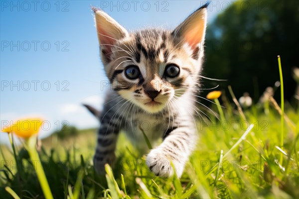 Playful Cute Kitten outdoors in Sunlit Grass. Kitten excitement and wonder as it explores the natural environment on a sunny day, AI generated