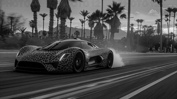 Monochromatic image of a hybrid concept car speeding down a road lined with palm trees, AI generated