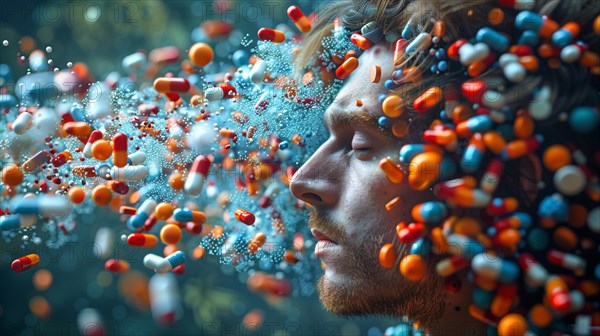 A man with a surprised expression as a multitude of colorful pills float around his face, AI generated