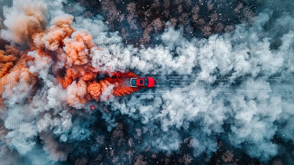 Aerial view of a car surrounded by vibrant colorful smoke, towering over a forested area, high drone shot, AI generated