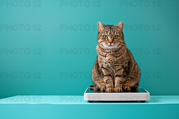 Overweight fat tabby cat sitting on white scales in front of teal background with copy sapce. KI generiert, generiert, AI generated