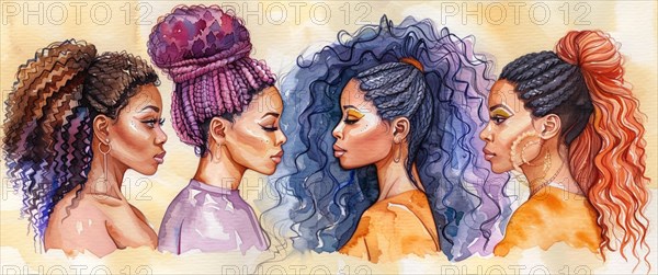 Watercolor illustration of four women with diverse hairstyles in profile view, banner 3:1 wide style, horizontal aspect ratio, AI generated