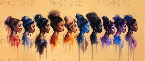 Artistic representation of women's profiles in a spectrum of colors with diverse hairstyles and dripping paint, banner 3:1 wide style, horizontal aspect ratio, AI generated