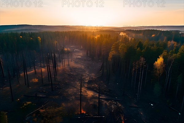 Dense forest showcasing charred trees aftermath of wildfires symbolizing climate change, AI generated