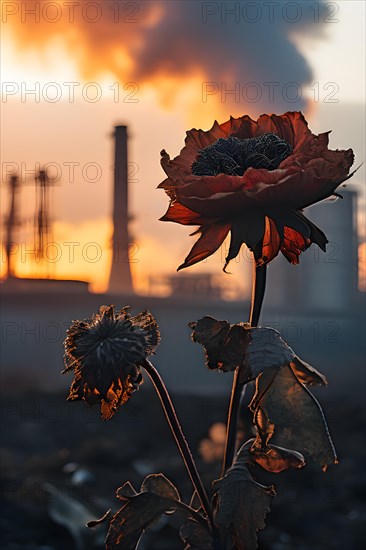 Wilted flower against a backdrop of industrial smokestacks, AI generated