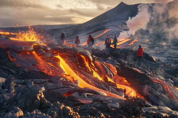 Tourists, hiking group, expedition, onlookers on the way to an active volcano, surrounded by hot, partially cooled lava flows, symbolic image for volcano tourism, disaster tourism, travel trends and the associated dangers, AI generated, AI generated, AI generated