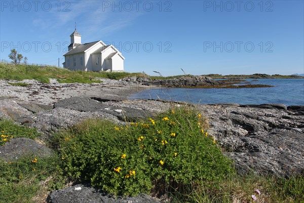 Lonely church on the beach near Leknes on the Lofoten Islands, Norway, Scandinavia, Europe