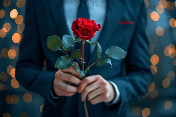 Man in elegant black suit holding romantic single red rose in front of dark studio background. KI generiert, generiert, AI generated