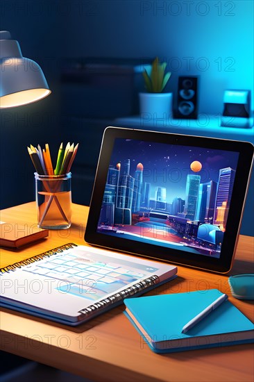 3d vector render of a digital tablet and an open notebook on a desk, AI generated