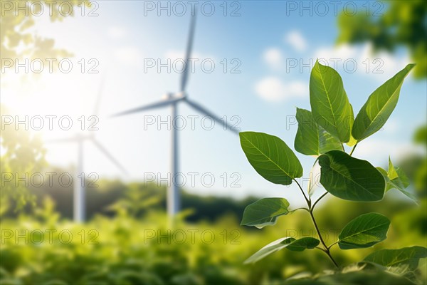 Green plant leaves with blurry wind energy turbine in background. Renewable energy in summer. KI generiert, generiert, AI generated