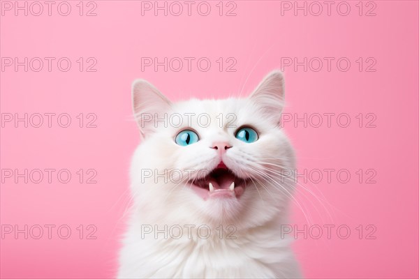 Meowing cat with open mouth on pink studio background. KI generiert, generiert, AI generated