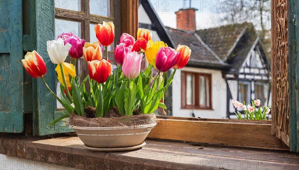 Many colourful tulips blooming in a flower pot by the window, spring, AI generated, AI generated