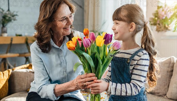 A girl happily hands a bouquet of tulips to an elderly woman, AI generated, AI generated