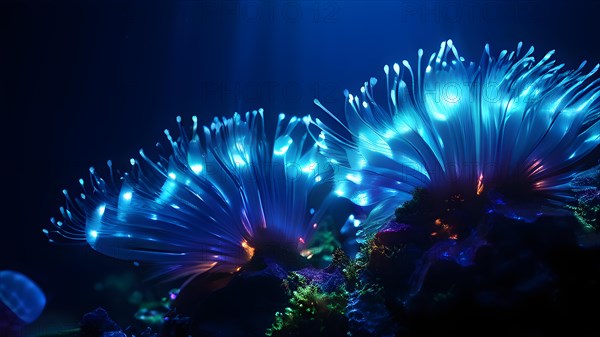 Bristle worms bioluminescent bodies floating in deep ocean, AI generated, deep sea, fish, squid, bioluminescent, glowing, light, water, ocean
