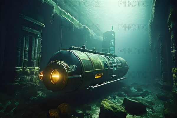Deep sea submersible bathed in artificial light navigates through murky waters, AI generated, deep sea, fish, squid, bioluminescent, glowing, light, water, ocean