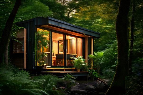 Eco friendly tiny house located centrally embraced by natures tranquility, AI generated