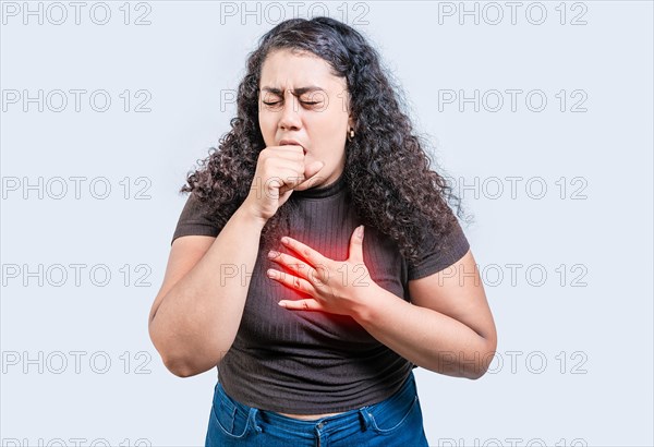 Girl with bronchitis coughing hard isolated. Young woman suffering from cough isolated