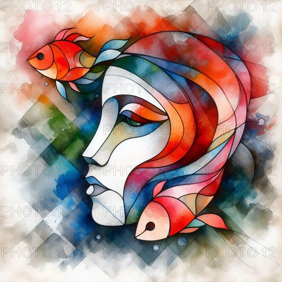 Abstract artwork with a woman's profile and fish, combining geometric shapes, depisc pisces zodiac sign, square aspect, AI generated