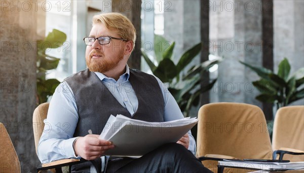 Thoughtful businessman sits with files in a modern waiting room, symbol bureaucracy, AI generated, AI generated