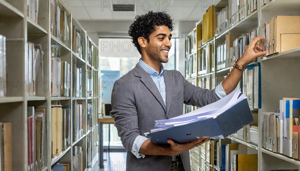 Smiling man holding files in an office with bookcases in the background, symbol bureaucracy, AI generated, AI generated