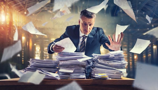 An overwhelmed businessman is surrounded by flying papers at work, symbol bureaucracy, AI generated, AI generated