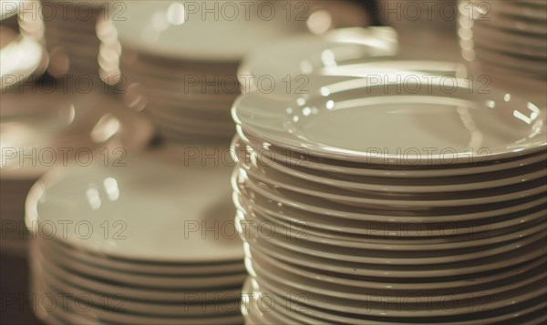 Ambient lighting over stacks of ceramic plates, conveying readiness and neatness AI generated