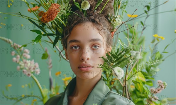 Portrait of a young woman with an intricate floral headpiece against a green background AI generated
