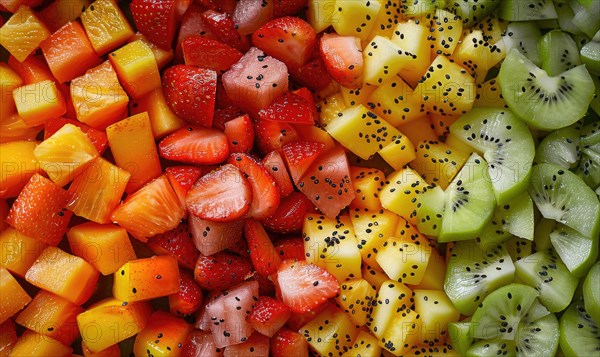 Colorful close-up of neatly arranged fruit cubes including kiwi, mango, and berries AI generated