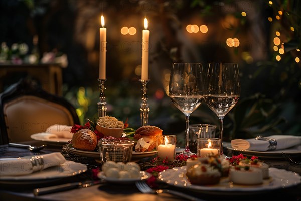 An intimate candlelit table setting prepared for a romantic dinner, AI generated