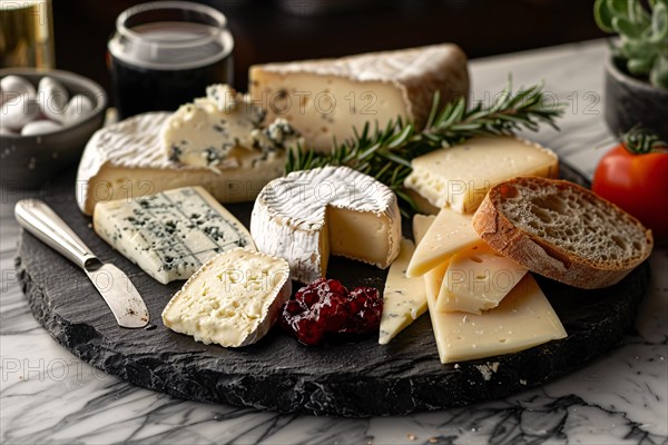 A rustic gourmet cheese board with a variety of cheeses, rosemary, and bread, AI generated