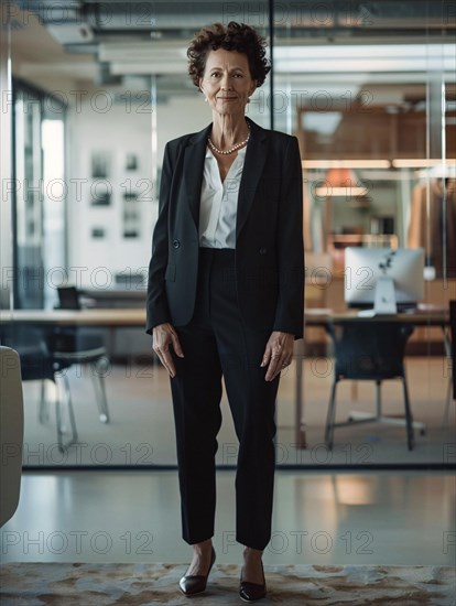 Elderly woman in business attire posed in a well-lit office with clean design aesthetics, AI generated