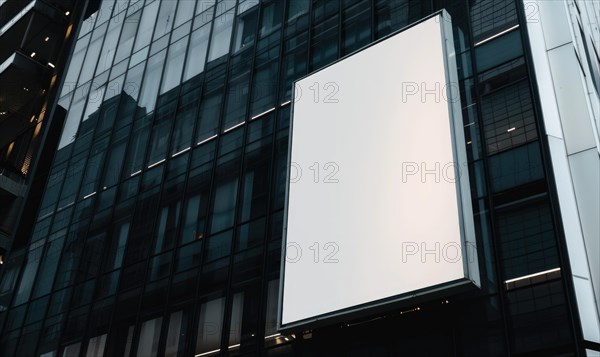 Blank screen banner mockup displayed on the modern building facade. Close Up view AI generated