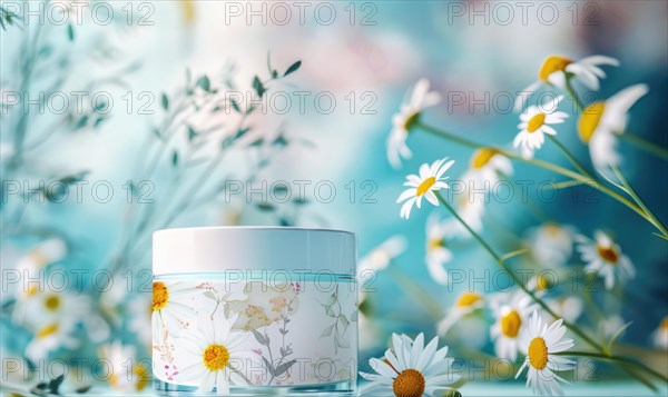 Cosmetic jar blank mockup placed on a serene watercolor chamomile background AI generated